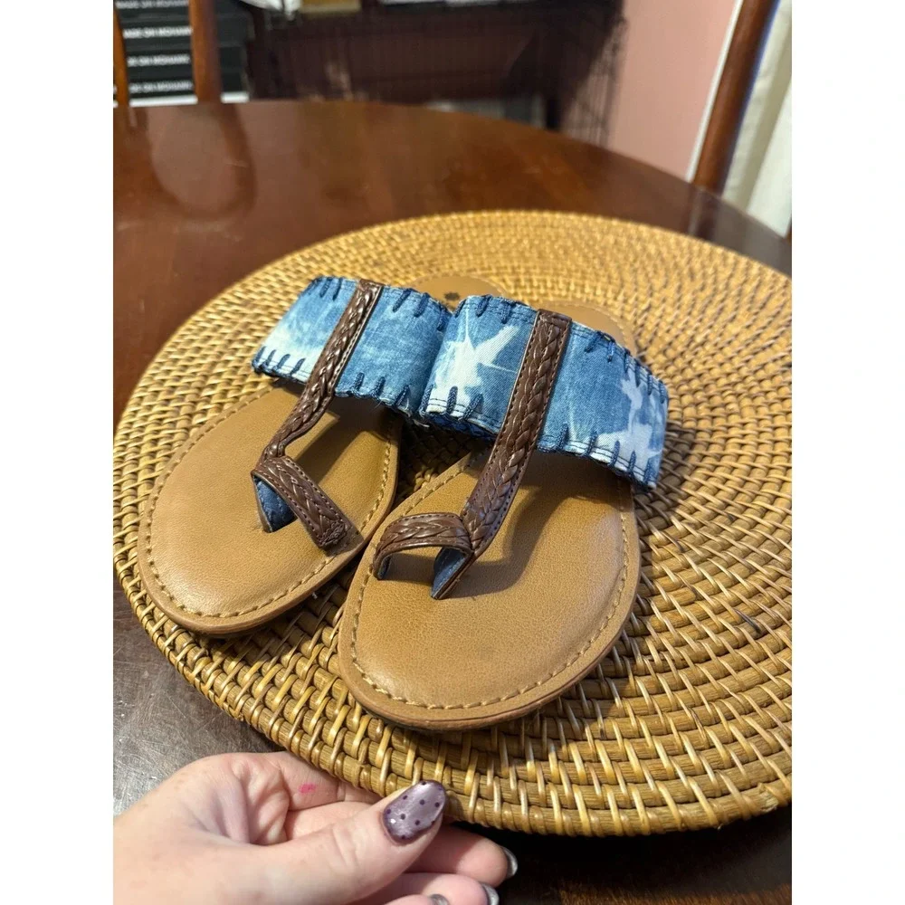 RuffHewn Indie 2 Women 7M Blue Denim Tie Dye Braided Thong Toe Loop Sandals